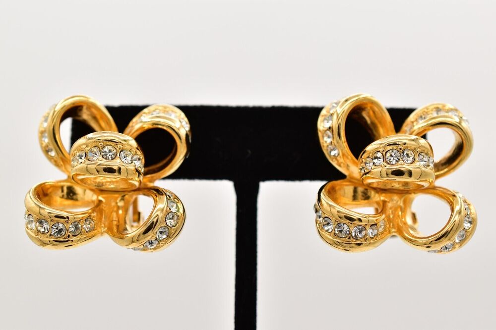 KJL Vintage Crystal Bow Clip Earrings Knot Gold Tone Chunky Signed 1990s BinBF